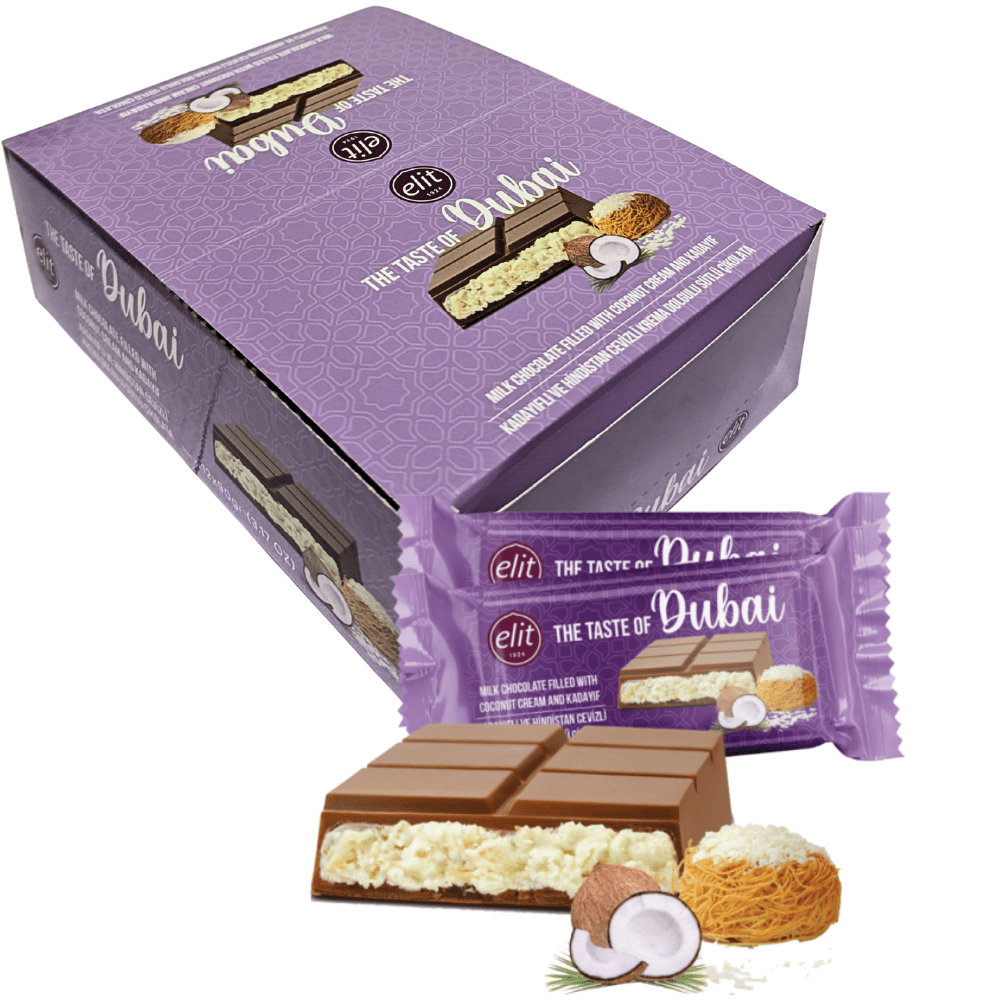 Elit Dubai Milk Chocolate Filled with Coconut Cream & Kadayif – 90g (Pack of 12 Bars)