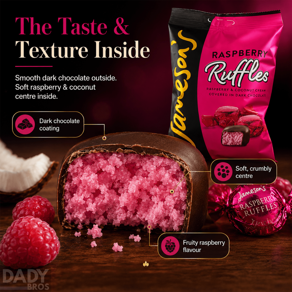 Jameson's Raspberry Ruffles – 4 x 135g Bags | Raspberry Coconut Fondant Creams in Dark Chocolate - Image 7