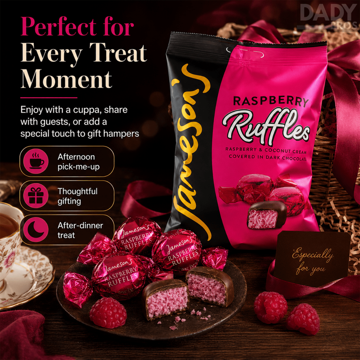 Jameson's Raspberry Ruffles – 4 x 135g Bags | Raspberry Coconut Fondant Creams in Dark Chocolate - Image 3