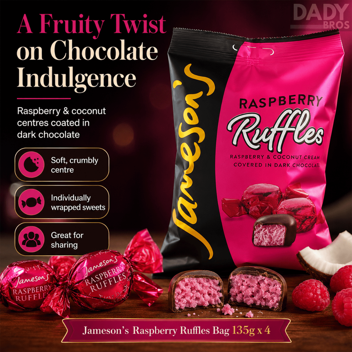 Jameson's Raspberry Ruffles – 4 x 135g Bags | Raspberry Coconut Fondant Creams in Dark Chocolate - Image 2