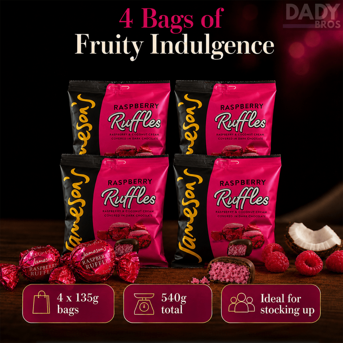 Jameson's Raspberry Ruffles – 4 x 135g Bags | Raspberry Coconut Fondant Creams in Dark Chocolate - Image 5