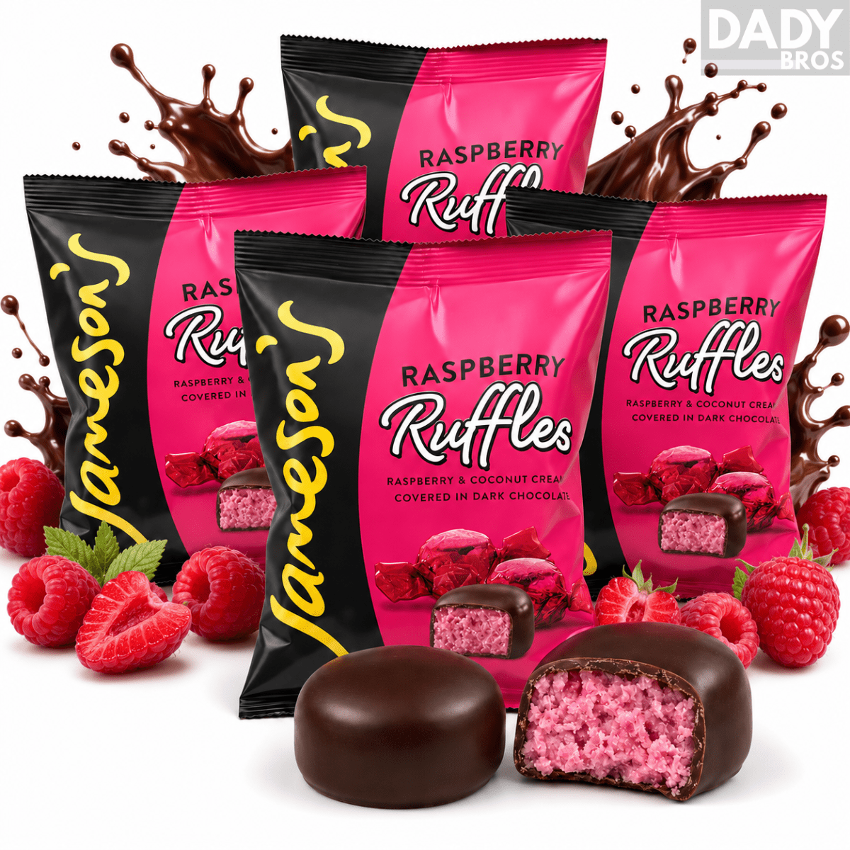 Jameson's Raspberry Ruffles – 4 x 135g Bags | Raspberry Coconut Fondant Creams in Dark Chocolate