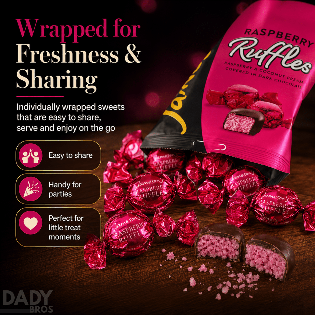 Jameson's Raspberry Ruffles – 4 x 135g Bags | Raspberry Coconut Fondant Creams in Dark Chocolate - Image 6