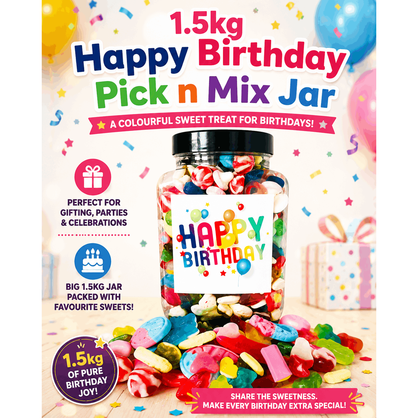 Sweetora Happy Birthday Sweet Gift Jar – 1.5kg Jelly Mix