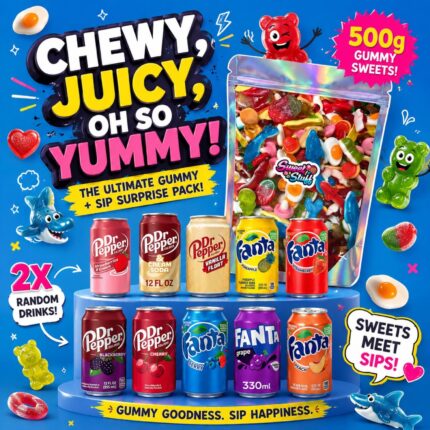 500g Gummy Mix Sweets with 2 Random International Drinks | Bulk Sweets, Candy, American Snacks, Retro Sweets & Fizzy Drinks