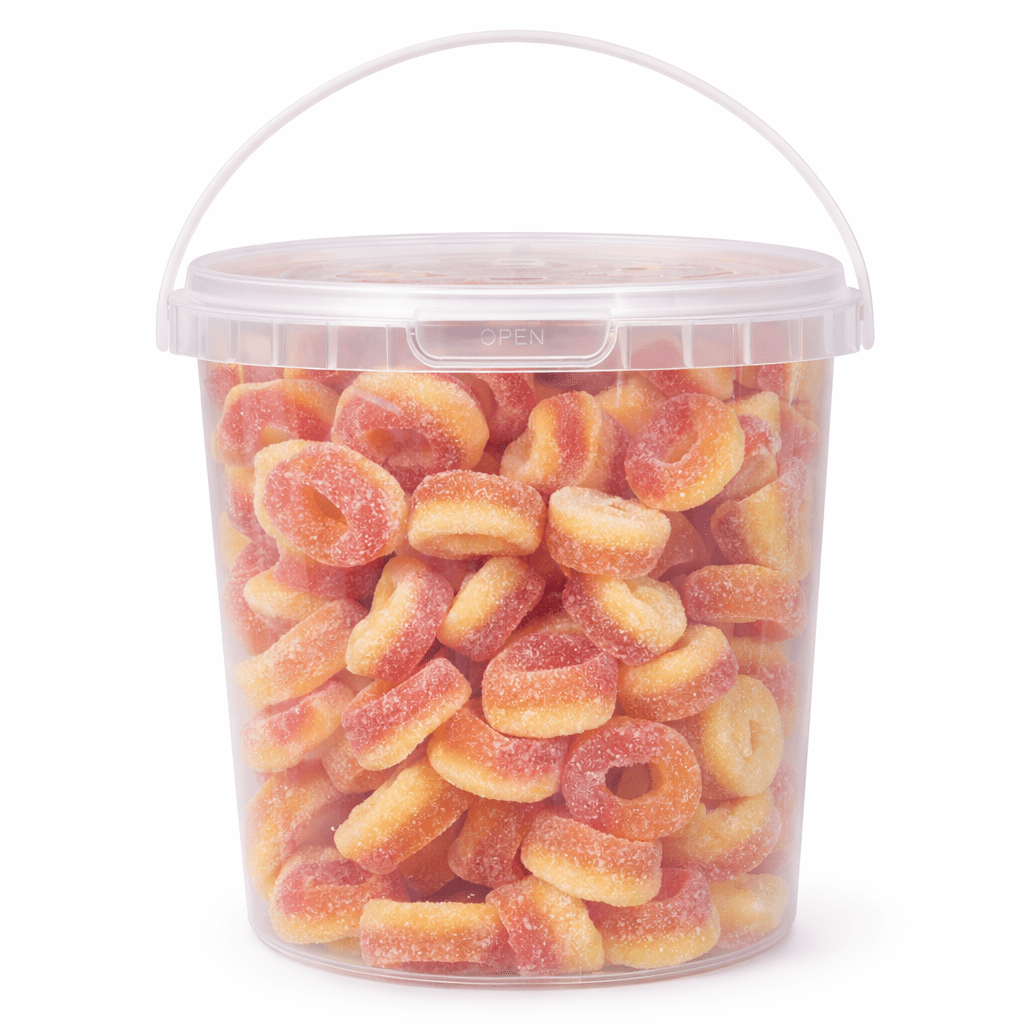 Exploded Sweets 500g Resealable Tub of Bebeto Peach Rings